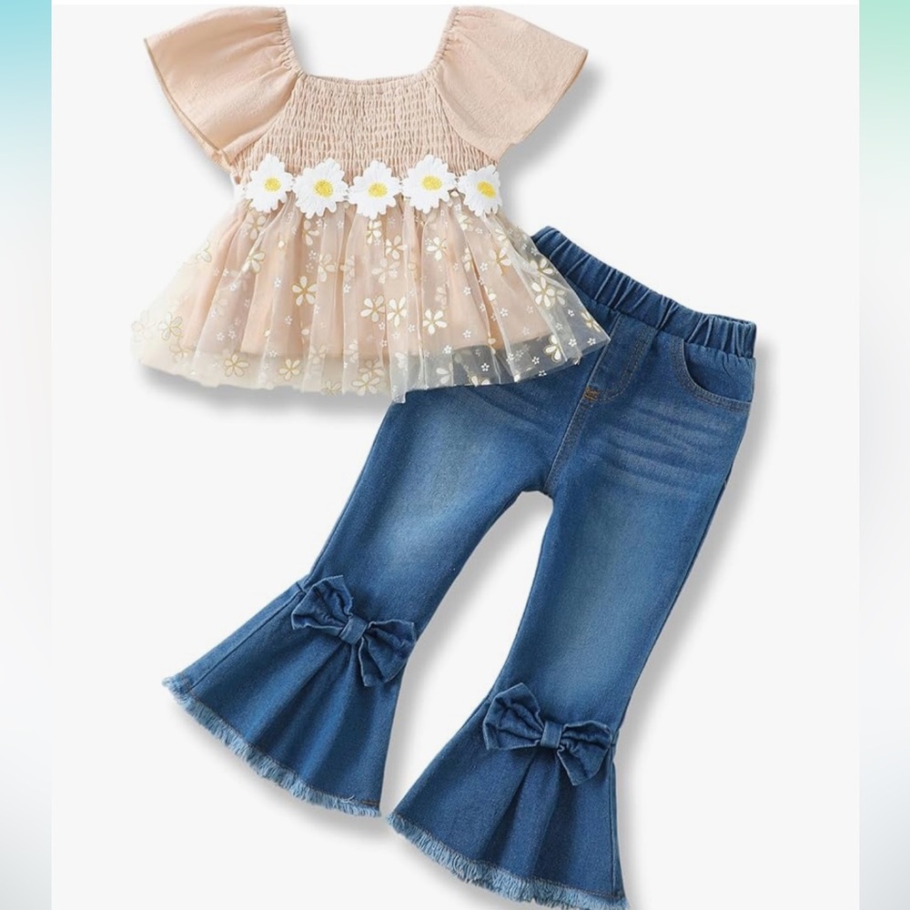 Beige daisy babydoll top bow bell bottom flared jeans outfit set girls toddler